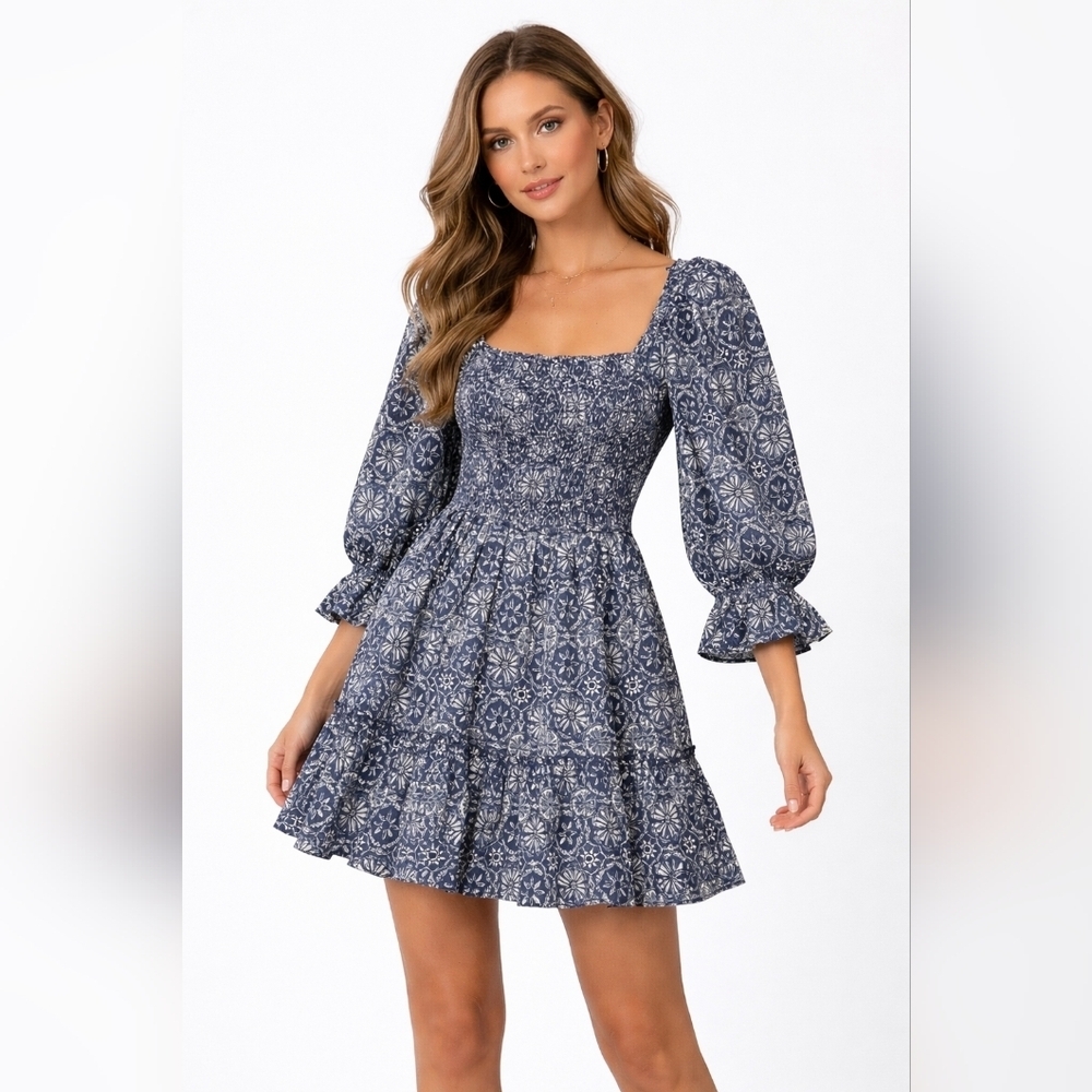 Mon Coco Boutique Cotton Dress Puff Sleeves Ruched Bodice Ruffle Skirt Small